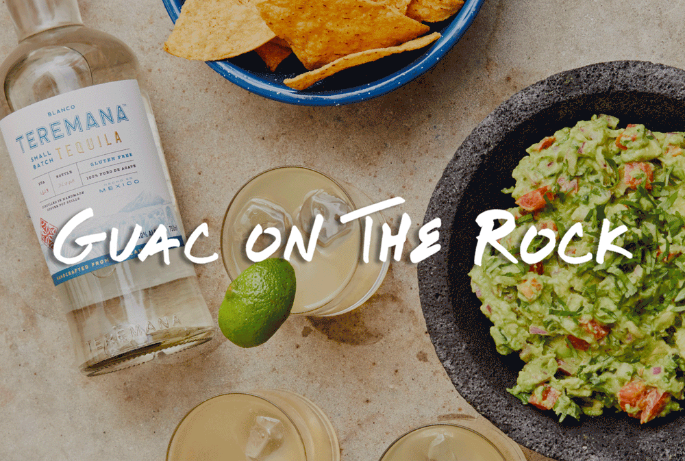 "Guac on the Rock" GIF switching between meal with Teremana Tequila and Dwayne Johnson holding up Teremana Tequila drink 