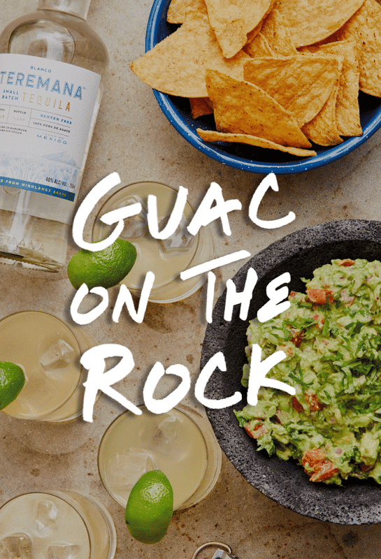 "Guac on the Rock" GIF switching between meal with Teremana Tequila and Dwayne Johnson holding up Teremana Tequila drink 